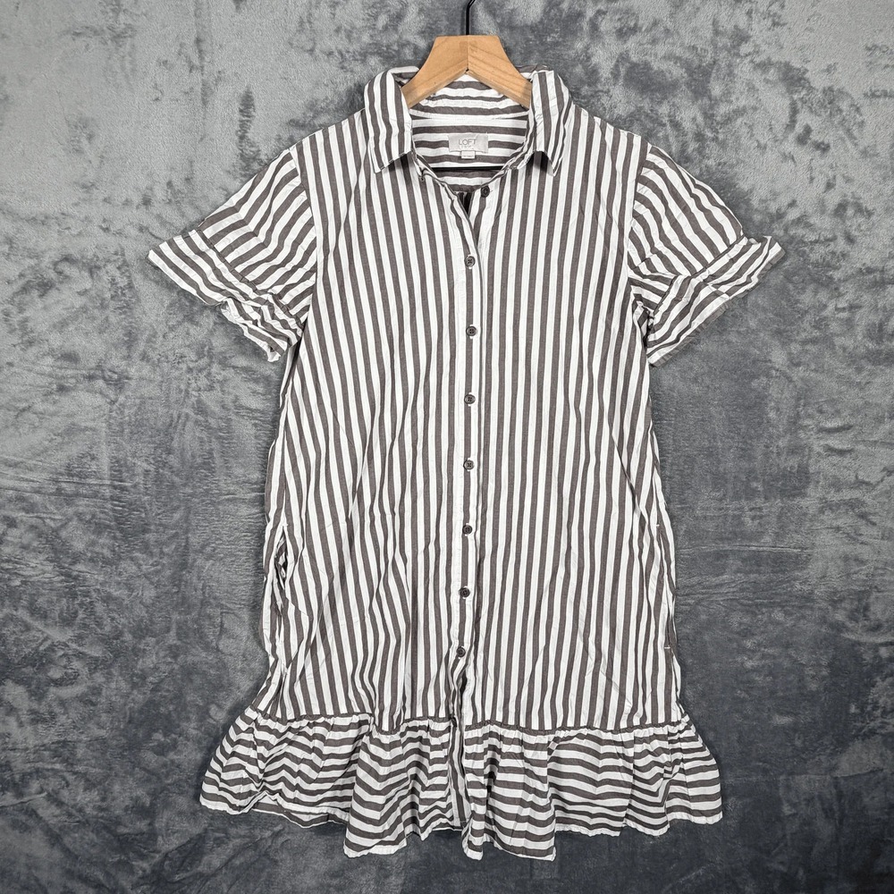 Loft Outlet Womens Shirtdress Size S Gray White Striped Ruffle Hem Button Up